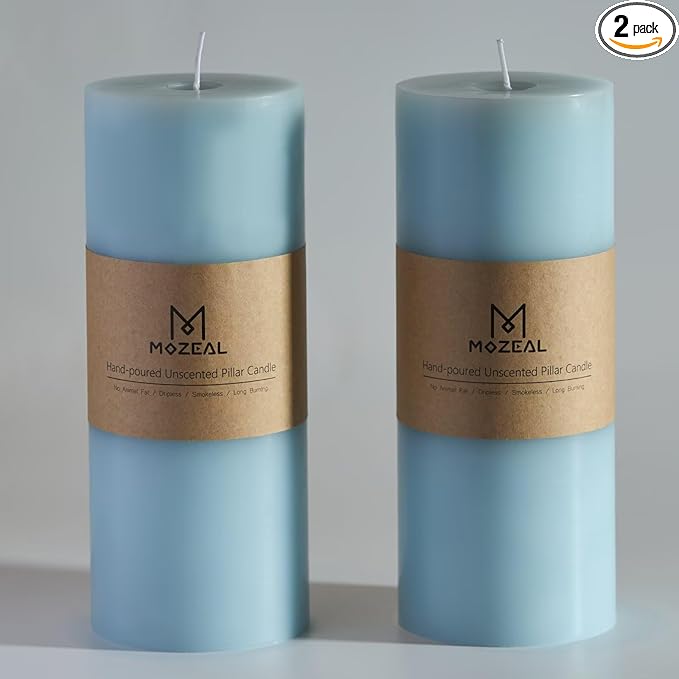 MOZEAL 4" x 10" Extra-Large Baby Blue Pillar Candles (Set of 2), Unscented, Dripless, Smokeless