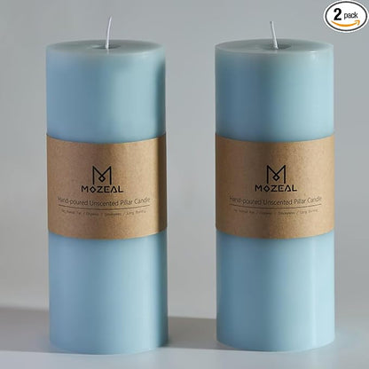 MOZEAL 4" x 10" Extra-Large Baby Blue Pillar Candles (Set of 2), Unscented, Dripless, Smokeless