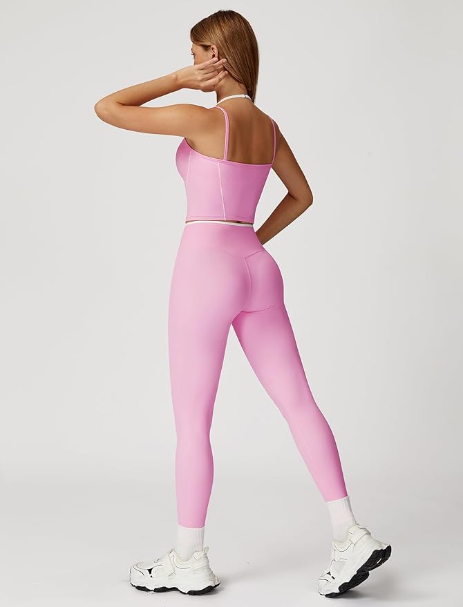 ABOCIW Workout Sets for Women 2 Piece Color Block Strappy Sports Bra High Waist Leggings Gym Yoga