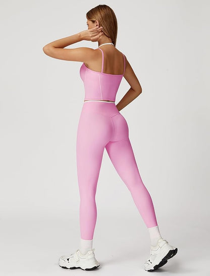 ABOCIW Workout Sets for Women 2 Piece Color Block Strappy Sports Bra High Waist Leggings Gym Yoga
