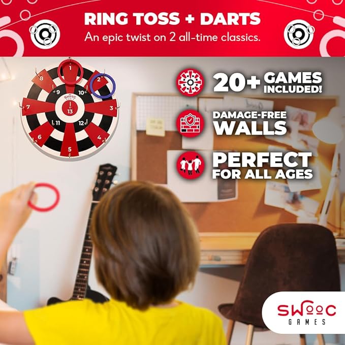 Swooc Games® ‒ Hook Darts Ring Toss Game ‒ Wood Board & Soft Rings ‒ 20+ Games Included for Kids &
