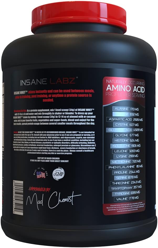 Insane Labz Insane Whey,100% Muscle Building Whey Protein, Post Workout, BCAA Amino Profile, Mass