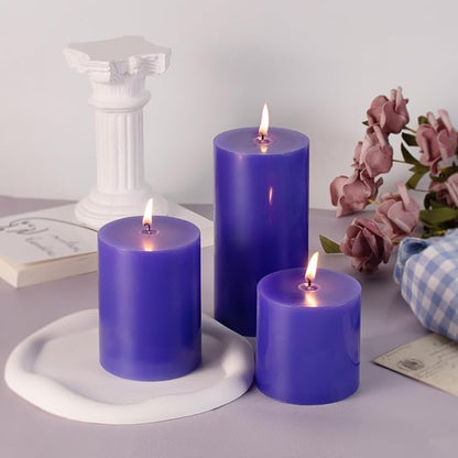 KONNI Violet Pillar Candles Set of 3, 3"x 6" Unscented Pillar Candles Bulk, 56 Hours Long Burning
