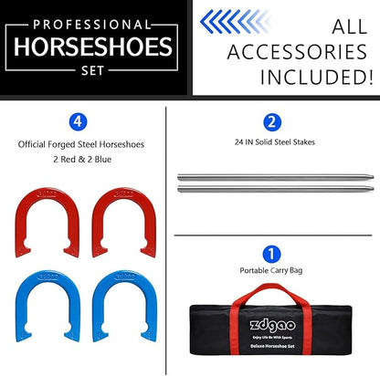 Horseshoes Outside Game Set-Portable Outdoor Horseshoe Set Includes 4 Professional Solid Steel