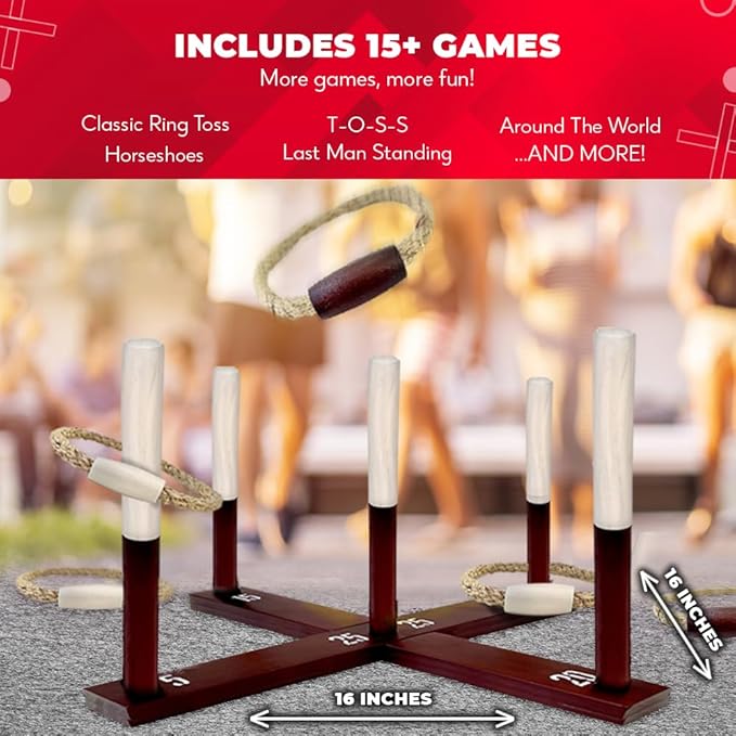 SWOOC Games - Rustic Ring Toss Game (All Weather) - Easy Setup & Extra Games Included - Ring Toss