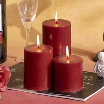 KONNI Dark Red Pillar Candles Set of 3, 3"x 3" Unscented Pillar Candles Bulk, 30 Hours Long Burning