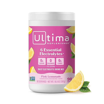 Ultima Replenisher Daily Electrolyte Powder Drink Mix – Sugar Free – Pink Lemonade, 90 Serving