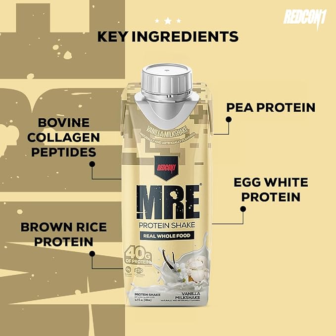 REDCON1 MRE Ready to Drink Protein Shakes, Vanilla Milkshake - Protein Drinks with Whole Food