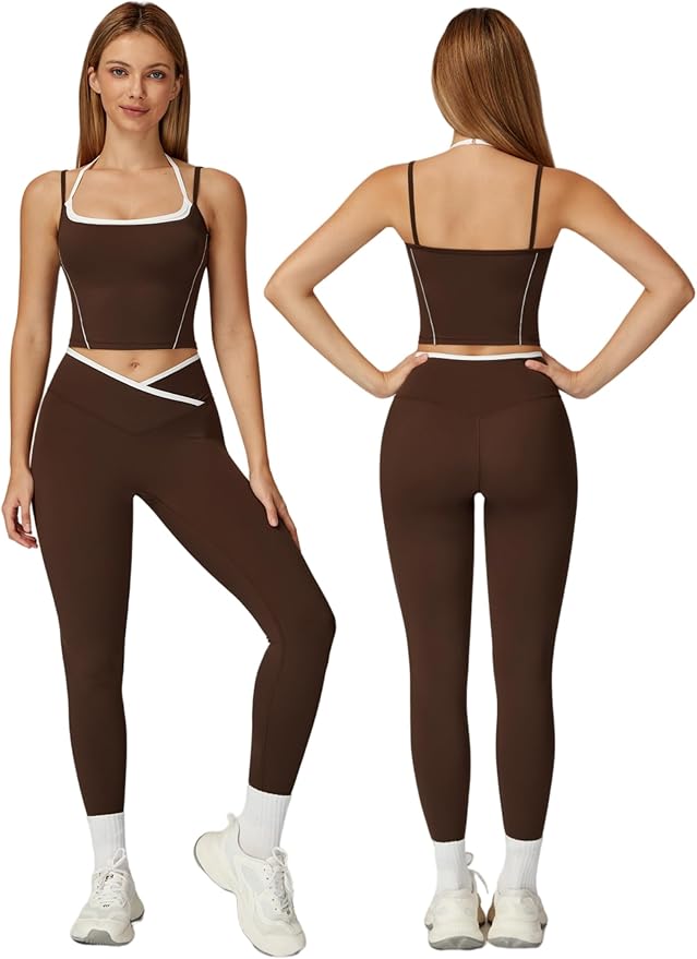 ABOCIW Workout Sets for Women 2 Piece Color Block Strappy Sports Bra High Waist Leggings Gym Yoga