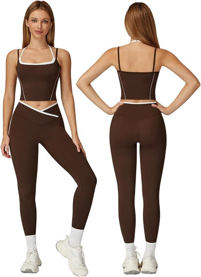 ABOCIW Workout Sets for Women 2 Piece Color Block Strappy Sports Bra High Waist Leggings Gym Yoga