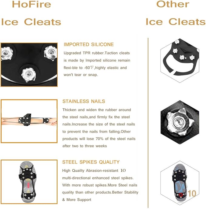 Ice Cleats for Shoes and Boots, Ice Snow Traction Cleats Grippers, Non Slip Shoe Ice Grippers,10
