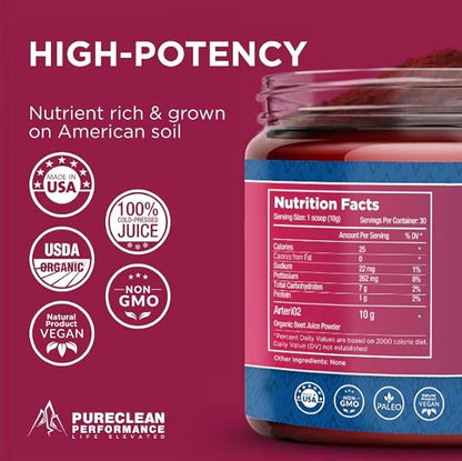 PureClean Beet Premium Beet Juice Powder - 100% Organic Nitric Oxide Support for Clinically-Proven