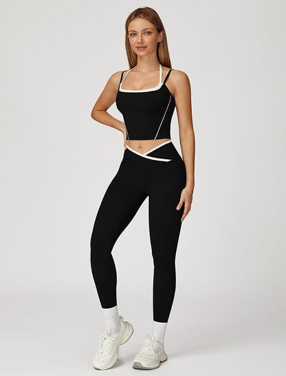 ABOCIW Workout Sets for Women 2 Piece Color Block Strappy Sports Bra High Waist Leggings Gym Yoga
