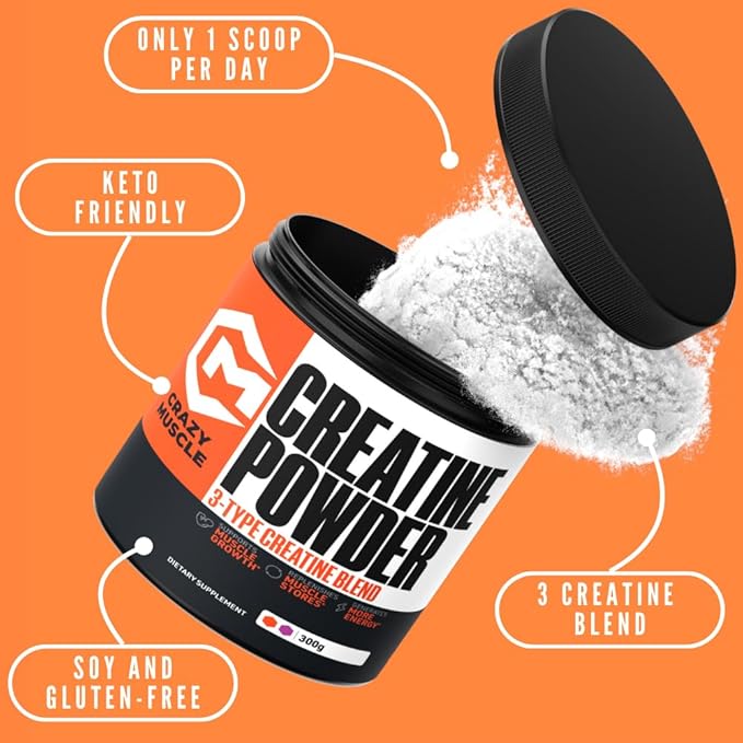 Crazy Muscle Creatine Monohydrate Powder, 5000mg Premium 3X ThreeAtine Pre Workout Mass Gainer