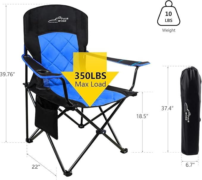 FAIR WIND Oversized Fully Padded Camping Chair, Heavy Duty Quad Fold Arm Chair Support 350 LBS with