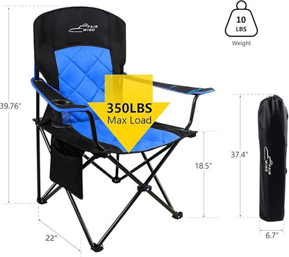 FAIR WIND Oversized Fully Padded Camping Chair, Heavy Duty Quad Fold Arm Chair Support 350 LBS with