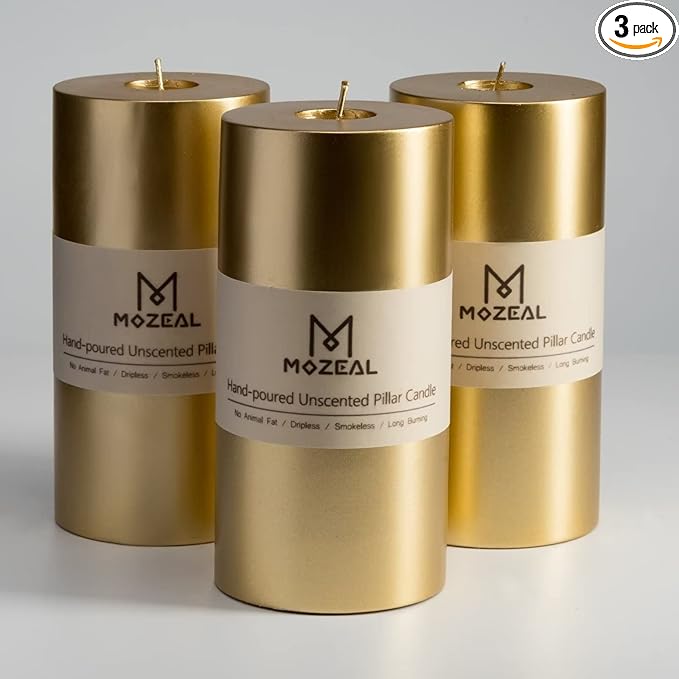 MOZEAL 3" x 6" Hand-Poured Unscented Candle,Dripless Pillar Candle Set of 3,Long Lasting
