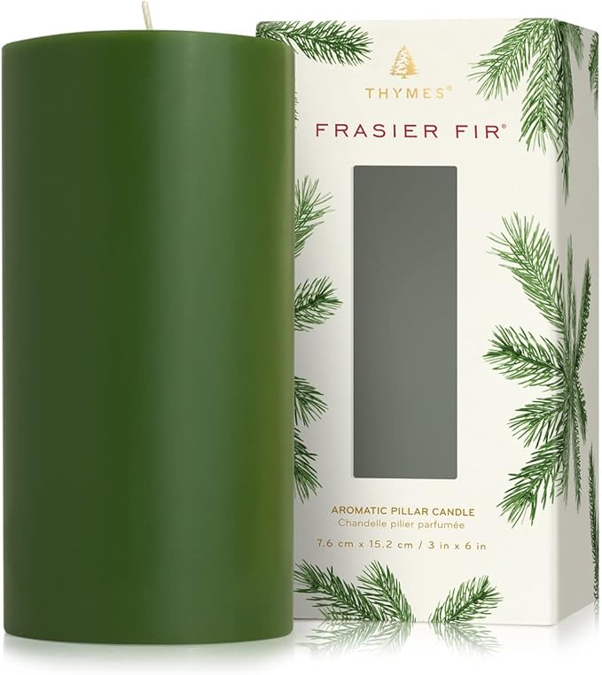 Thymes Frasier Fir Scented Candles for Home Decor - Green Pillar Candles for Women & Men - Place on