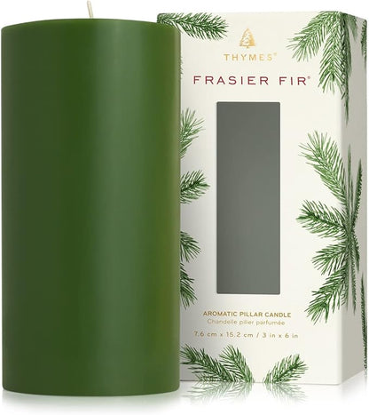 Thymes Frasier Fir Scented Candles for Home Decor - Green Pillar Candles for Women & Men - Place on