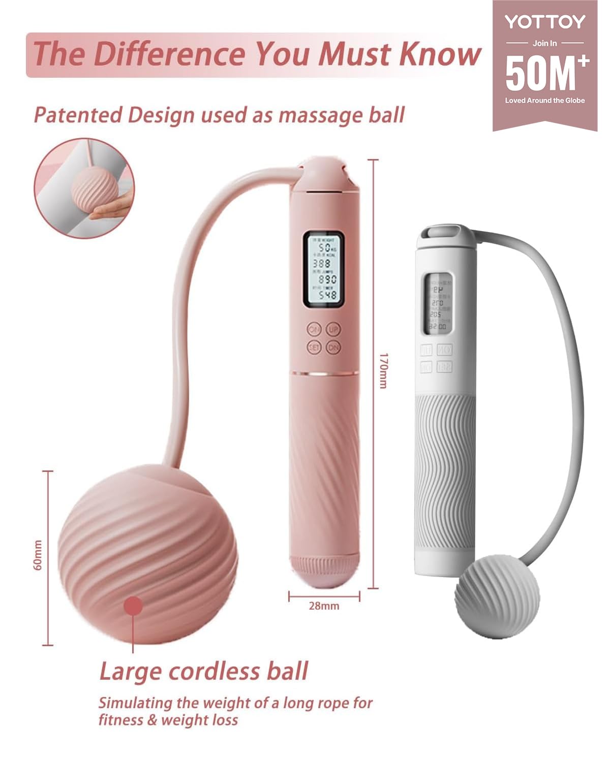 YOTTOY Cordless Jump Rope with Counter - Ropeless Jump Rope 2 In 1 with Large Cordless