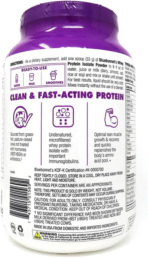 Bluebonnet Grass Fed Whey Protein Isolate 26 g Energy & Workout Recovery BCAA Amino Acids