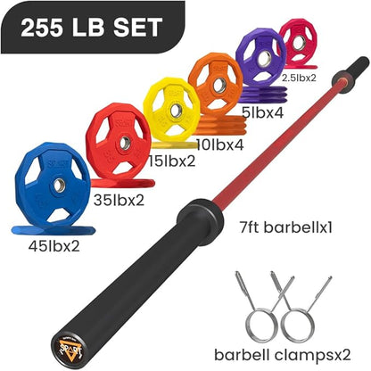 7FT Olympic Barbell Bar with Weight Plate Set Combo, Solid Olympic Bar with Bearings, 700Lbs