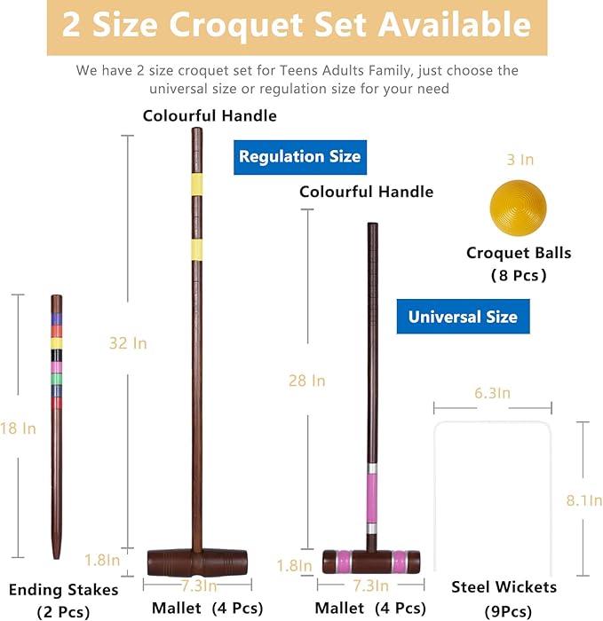 Deluxe 8 Players Croquet Set with 32In Regulation | 28In Standard Size Rubber Wood Mallets, Colored
