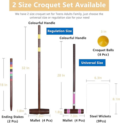 Deluxe 8 Players Croquet Set with 32In Regulation | 28In Standard Size Rubber Wood Mallets, Colored