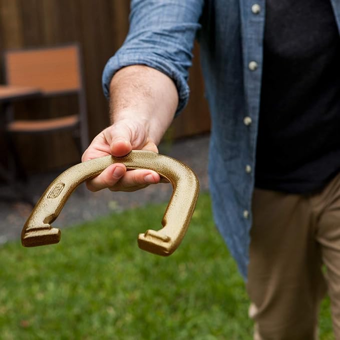 Champion Sports Horseshoe Set: Traditional Outdoor Lawn Game includes Four Professional Solid Steel