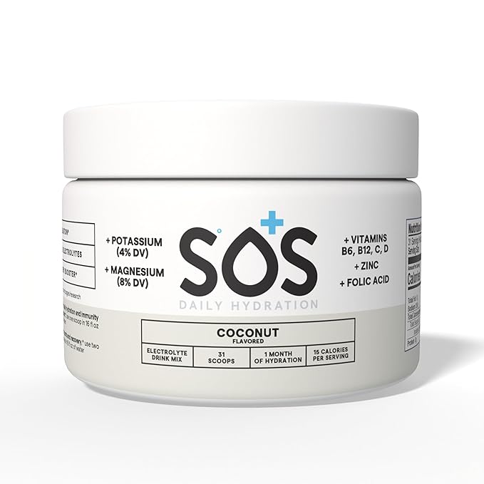 SOS Hydration Coconut Electrolyte Drink Mix (31 Servings) – Low Sugar, 15 Calorie, Keto-Friendly &