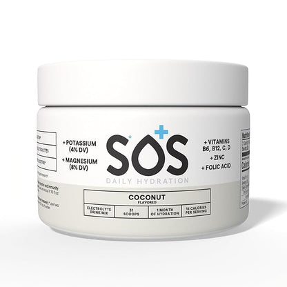 SOS Hydration Coconut Electrolyte Drink Mix (31 Servings) – Low Sugar, 15 Calorie, Keto-Friendly &