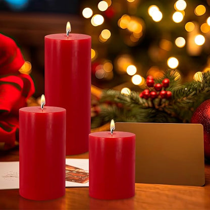 Red Pillar Candles Set of 3 - Dripless Unscented - 3x4, 3x6 & 3x8 inches Decorative Candles for