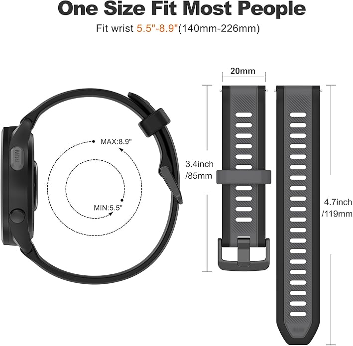 Compatible with Garmin Forerunner 165 Watch Band, 20mm Width Silicone Replacement Bands for Garmin