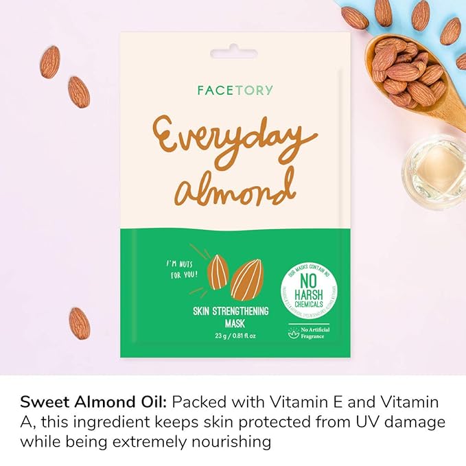 FACETORY K Beauty Face Mask Skin Care - Everyday ALMOND Skin Strengthening Sheet Mask | Plant-Based