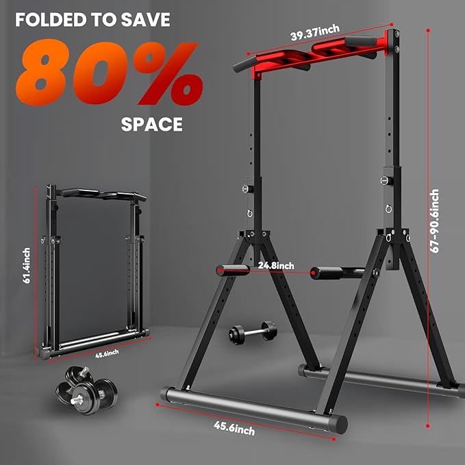 Power Tower Pull Up Dip Station Foldable, Pull Up Bar Station Adjustable, Multi-Function Home Gym