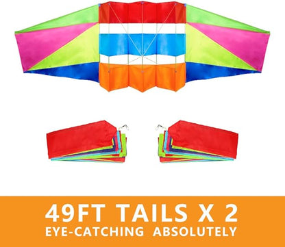 Beach Kites for Adults Large with Long Tail, 98 inches Super Easy Flyer 3D Rainbow Box Kites, Comes