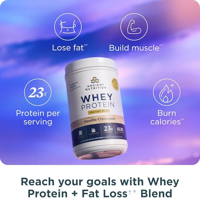 Ancient Nutrition Grass Fed Whey Protein + Fat Loss Blend, Vanilla Cinnamon, 23g Protein, Promotes