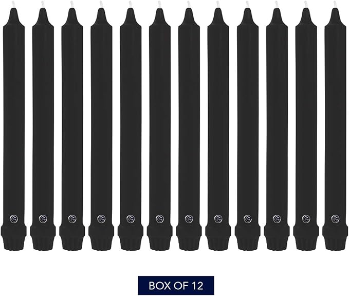 Colonial Candle Unscented Taper Candle, Classic Collection, Black, 8 In, Pack of 12 - Up to 6 Hours
