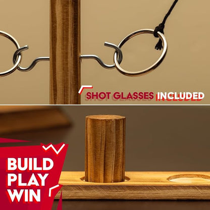 Premium Wooden Swing Ring Hook Game Set with Shot Glasses – Indoor/Outdoor Fun for Adults, Kids