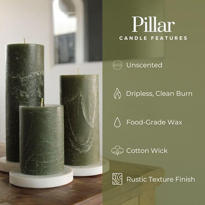 Simply Soson 3x3 inch Dark Moss Green Pillar Candles Set of 3, Rustic Texture, Unscented Green