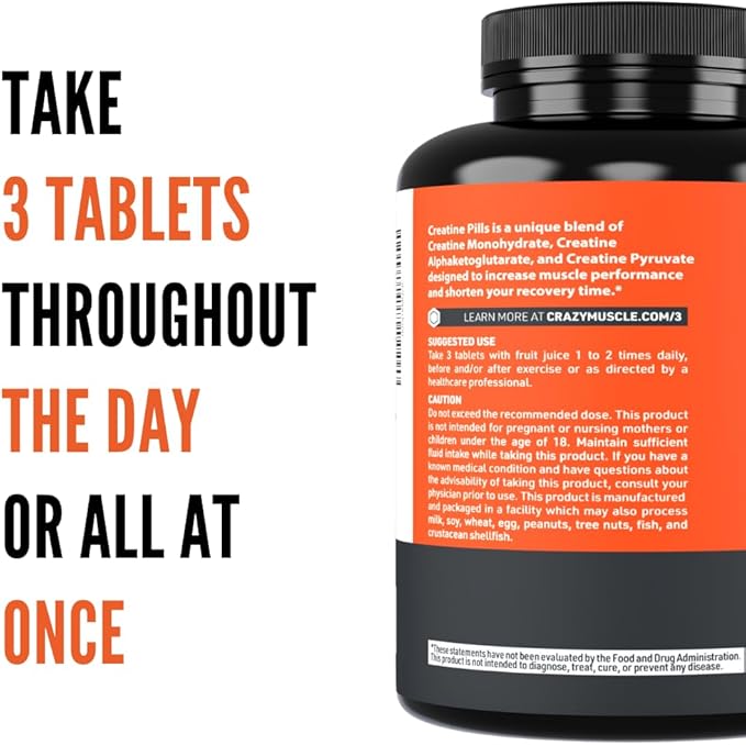 Crazy Muscle Creatine Pills, 5g 3X Pure Creatine Monohydrate, Pre Workout Bulk Muscle Mass Gainer