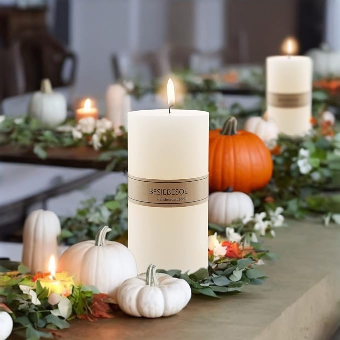 3 x 8 Ivory Pillar Candles Set of 6 Unscented Handpoured Weddings, Home Decoration, Restaurants