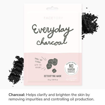 FACETORY K Beauty Face Mask Skin Care - Everyday CHARCOAL Detoxifying Sheet Mask | Plant-Based