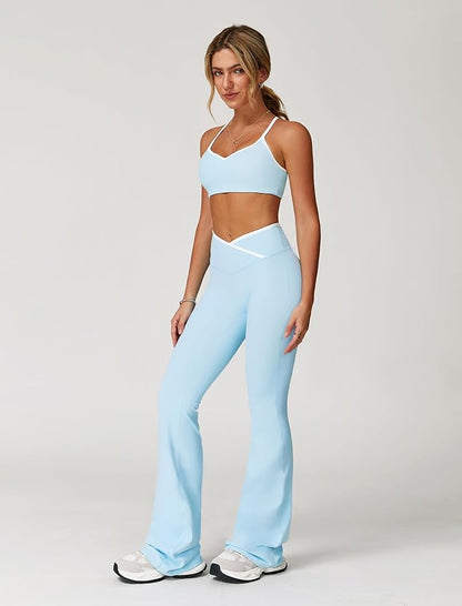 ABOCIW Workout Sets for Women 2 Piece Color Block Strappy Sports Bra High Waist Leggings Gym Yoga