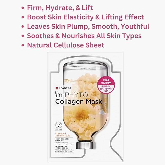 I'MPHYTO Leaders Facial Mask 10 Sheet Collagen Vegan Mask | Plant-Derived Collagen | Elasticity &