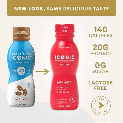 Iconic Protein Drinks, Café Latte (12 Pack) - Sugar Free & Low Carb - 20g Protein + 100mg Caffeine