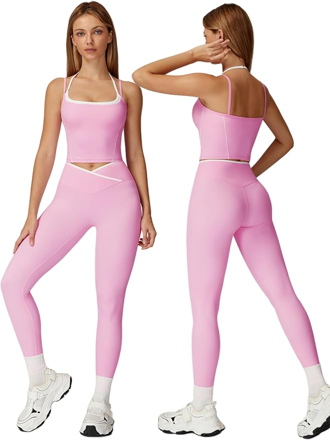 ABOCIW Workout Sets for Women 2 Piece Color Block Strappy Sports Bra High Waist Leggings Gym Yoga