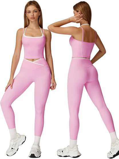 ABOCIW Workout Sets for Women 2 Piece Color Block Strappy Sports Bra High Waist Leggings Gym Yoga