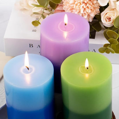 KONNI Purple Layered Pillar Candles Set of 3, 3"x 4" Unscented Pillar Candles Bulk, 39 Hours Long