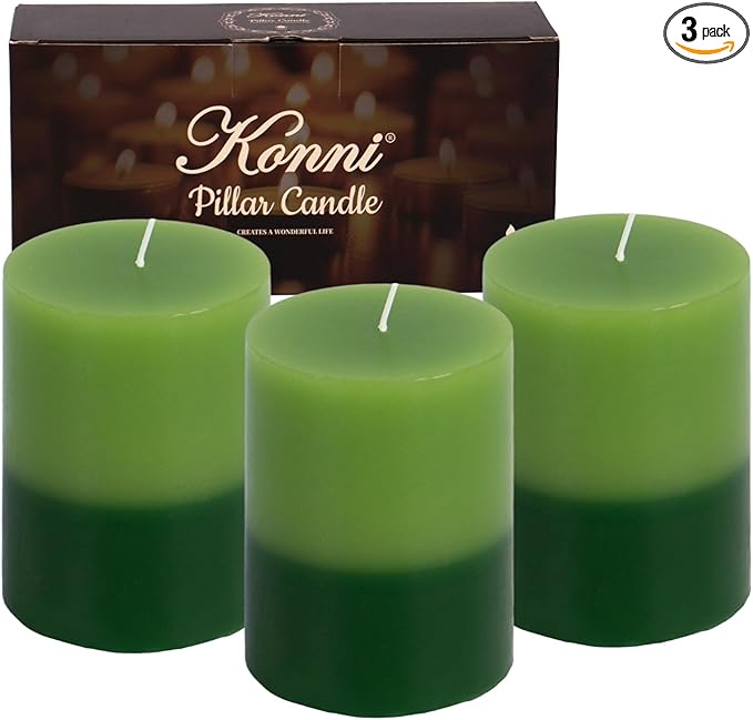 KONNI Green Layered Pillar Candles Set of 3, 3"x 4" Unscented Pillar Candles Bulk, 39 Hours Long
